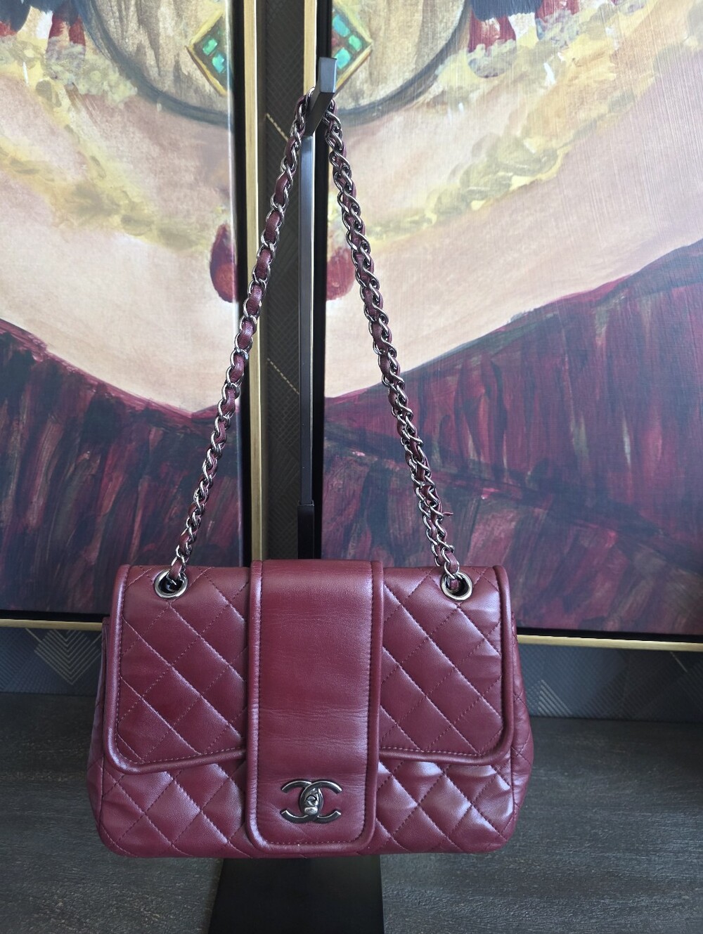 AUTHENTIC CHANEL Elementary Chic Flap Bag In Soft Burgundy/Dark Red Lambskin